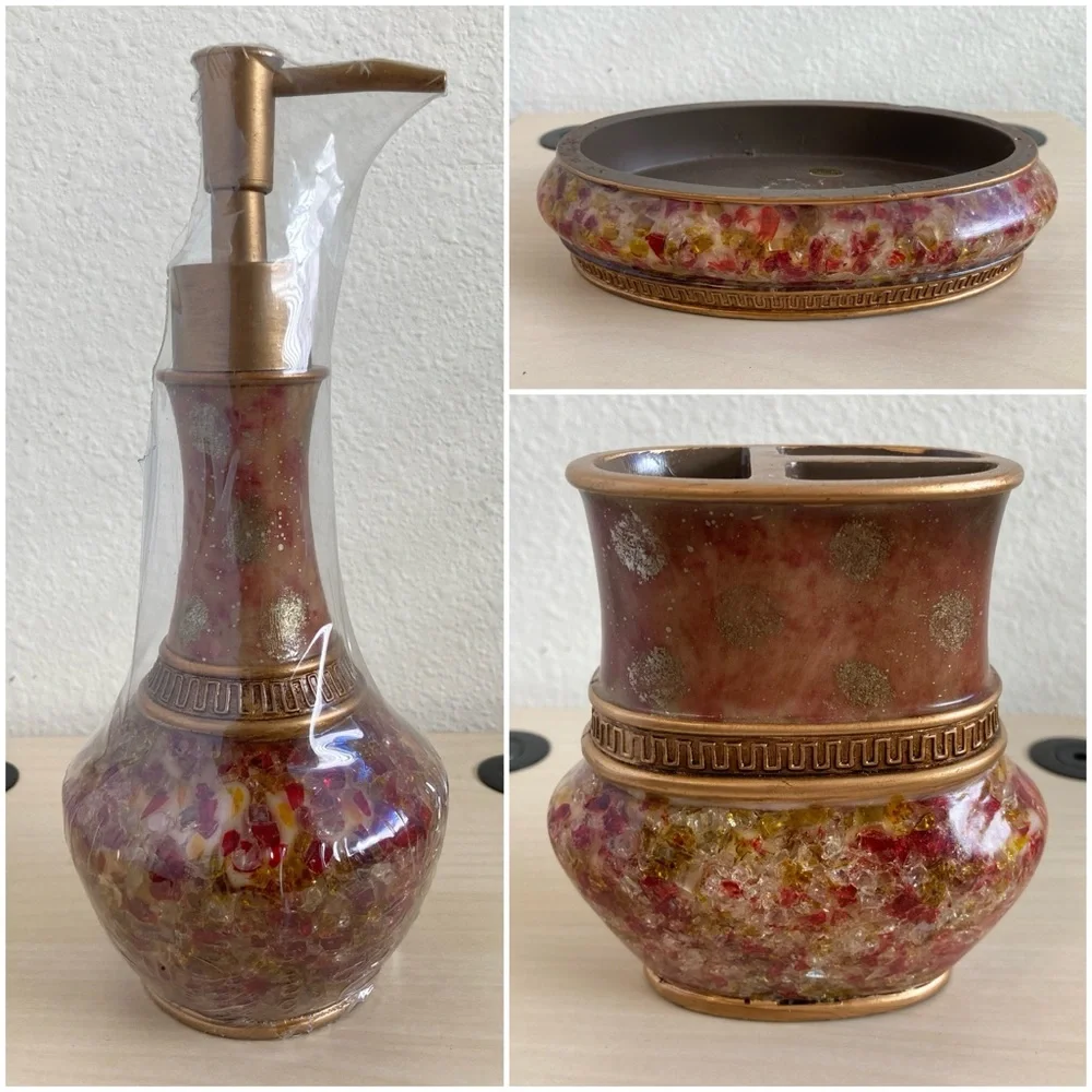 Warm-Toned Bathroom Accessory Set Soap Dispenser Toothbrush Holder Dish